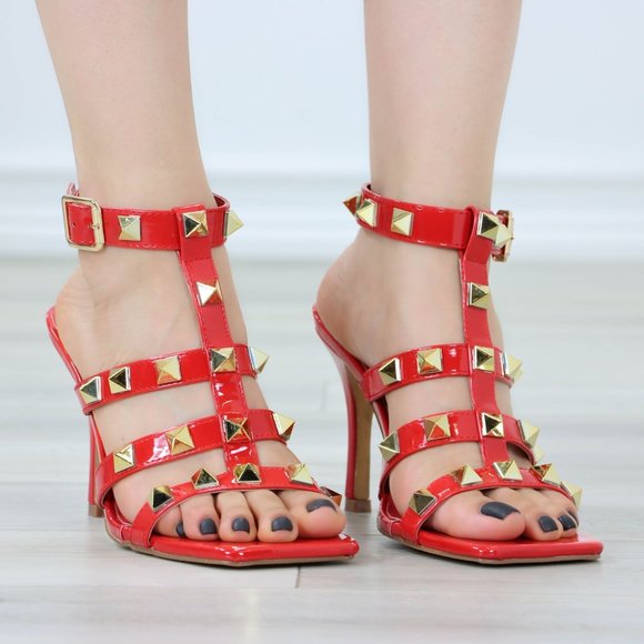 Red Patent Leather Ankle Strap High Heels Sandals Square toe and Gold Studs - Picture 2 of 14
